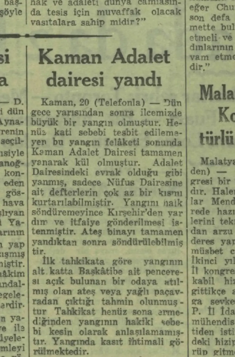 Ulus gazetesindeki Kaman Adalet Dairesi yangını küpürü