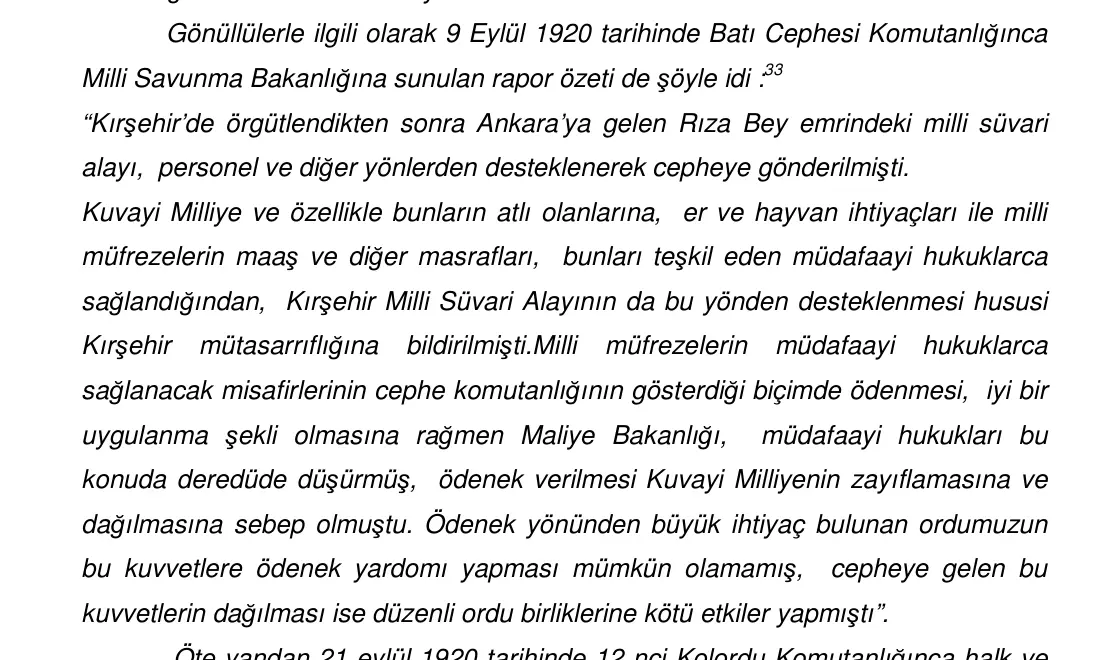 Murat Köylü'nün tezinde 9 Eylül 1920 tarihli raporu aktaran paragrafın sınırlı kırpması